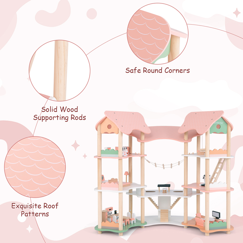 Costway Pink Multi Layer Wooden Dollhouse Image 8