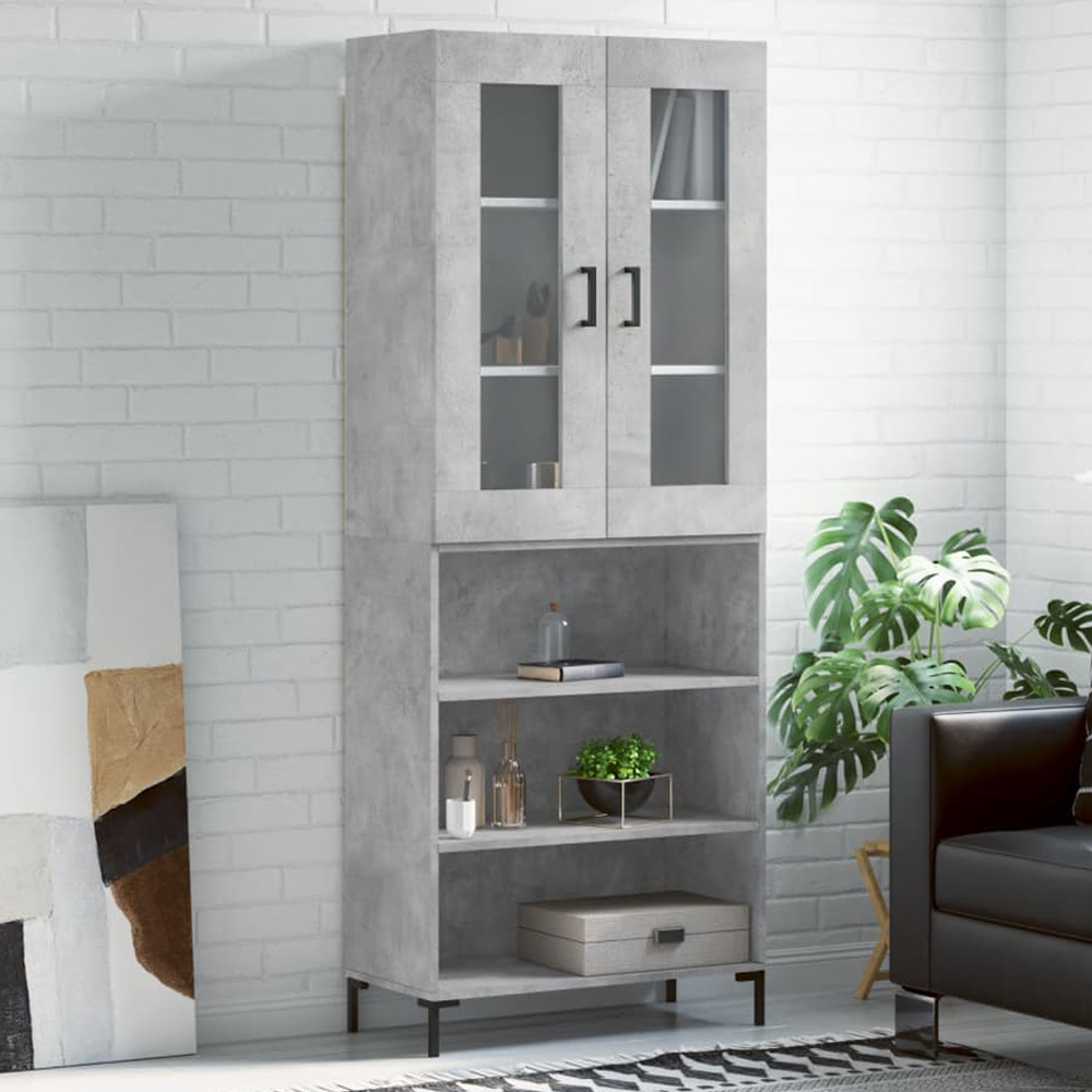 vidaXL 2 Glass Door 3 Shelf Concrete Grey Highboard with Black Handle Image 1