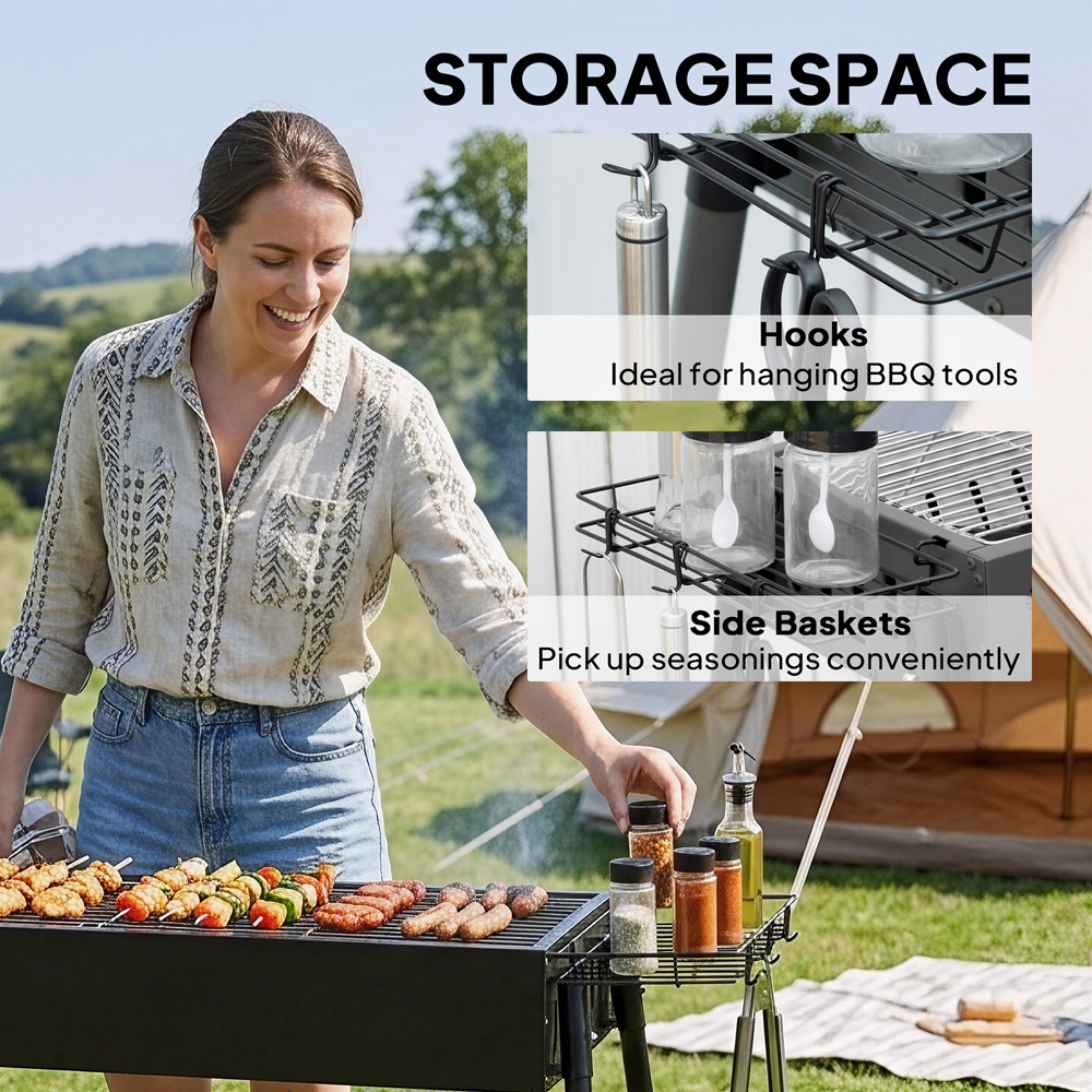 Outsunny Black Portable Charcoal Barbecue Grill with Seasoning Baskets and Hooks Image 5