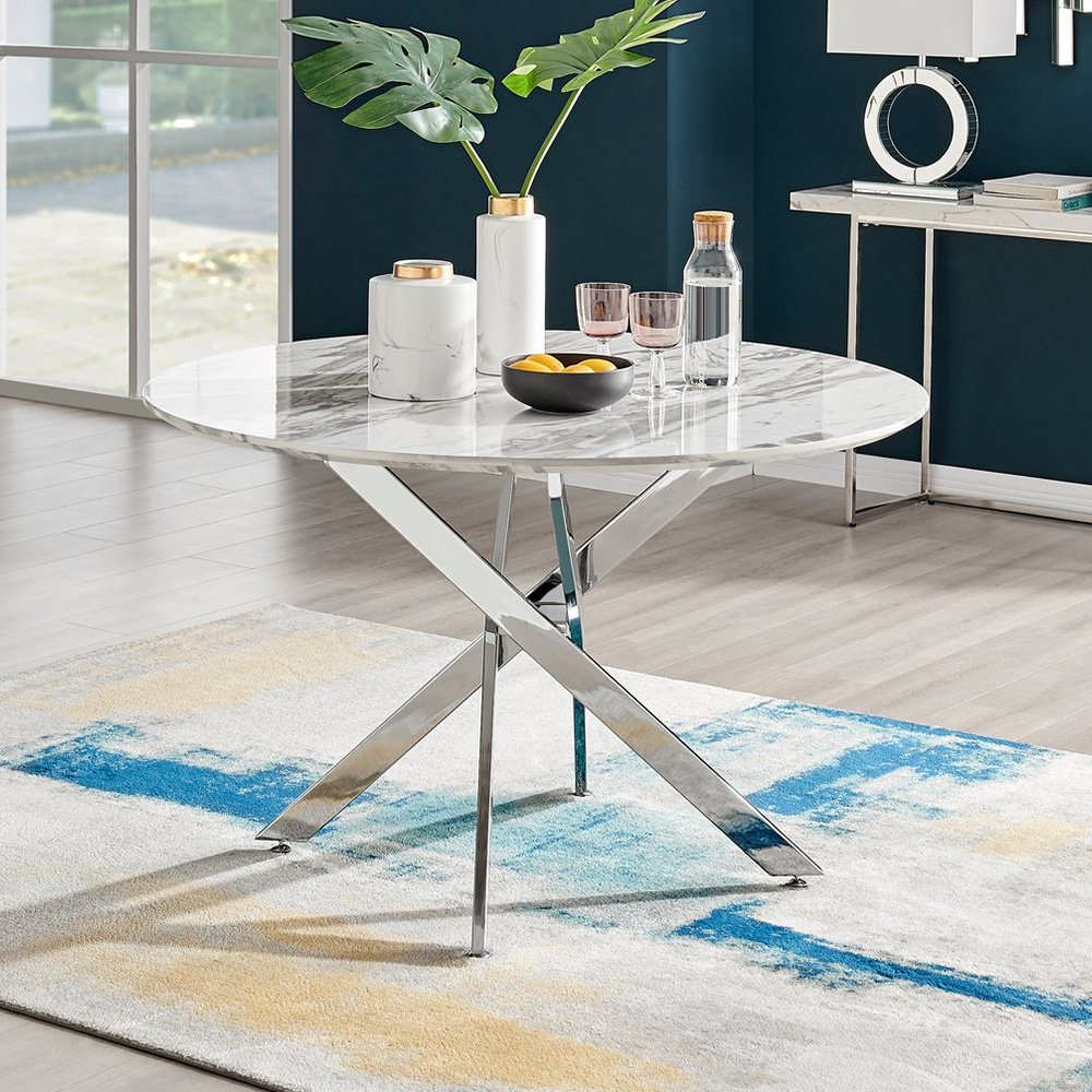 Furniturebox Arona Valera Marble Effect 6 Seater Round Dining Set White Chrome and Grey Image 2