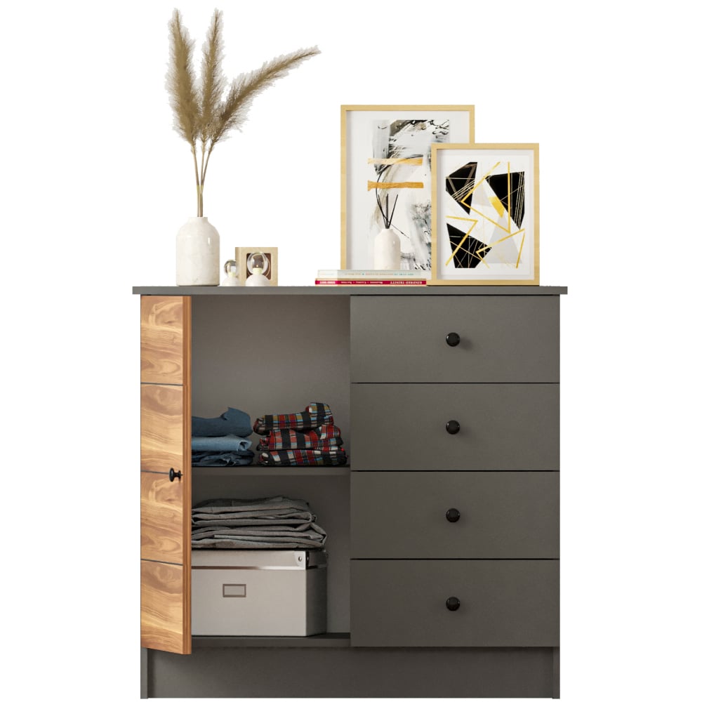 Evu MILANO Single Door 4 Drawer Walnut and Anthracite Sideboard Image 5