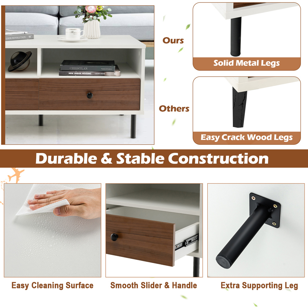 Costway 2 Drawer 2 Shelf White Coffee Table Image 3