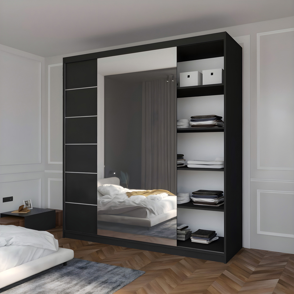 Sliding Wardrobes 4U Infinity 2 Door Black High Gloss Compact Mirrored Wardrobe 150cm Image 2