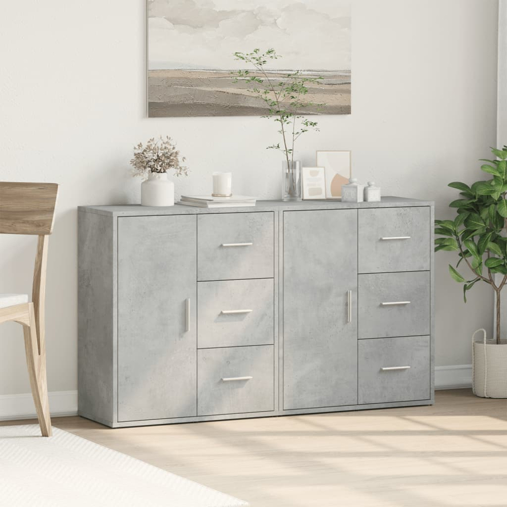vidaXL Single Door 3 Drawer Concrete Grey Wooden Sideboard Set of 2 Image 9