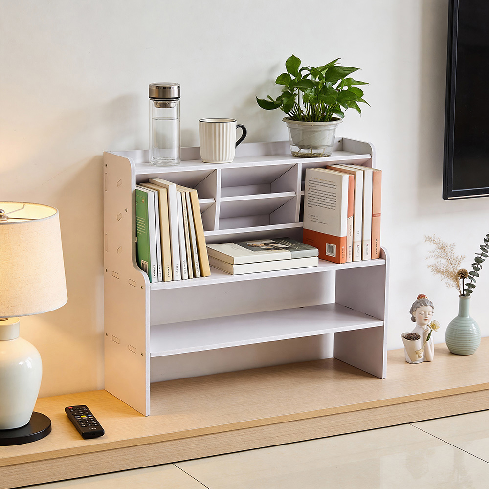 Living and Home 2 Shelf White Desktop Storage Shelf with Raised Base and Angled Compartments Image 8