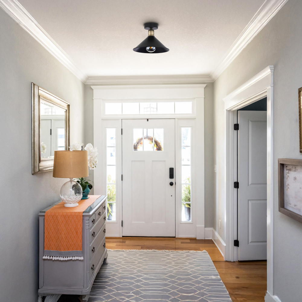 Happy Homewares Matte Black Antique Brass Semi Flush Ceiling Light Image 2