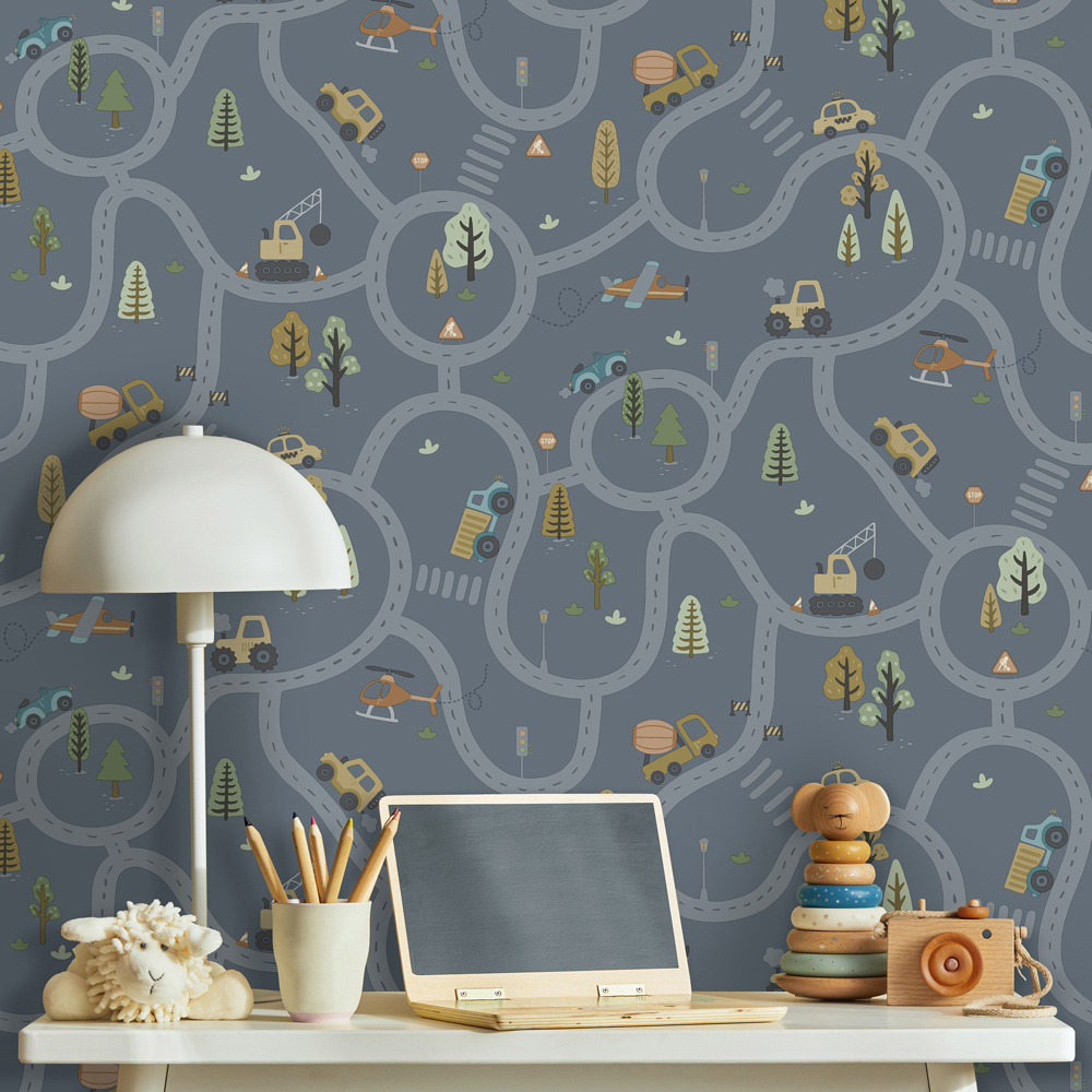 Holden Decor Roundabout Road Denim Blue Wallpaper Image 3
