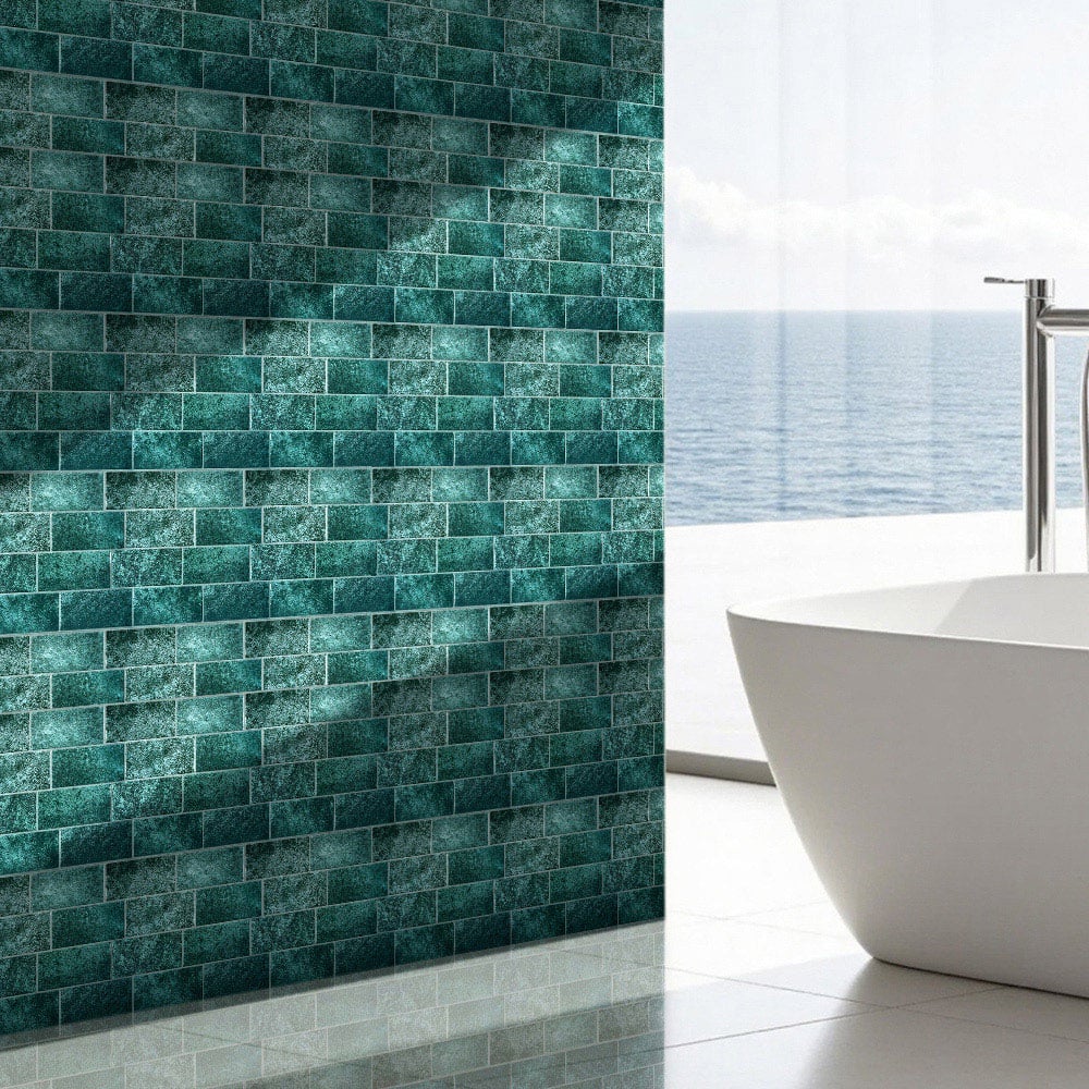 Living and Home Brick Effect Green Rectangle Self Adhesive Wall Sticker 10 Pack Image 1