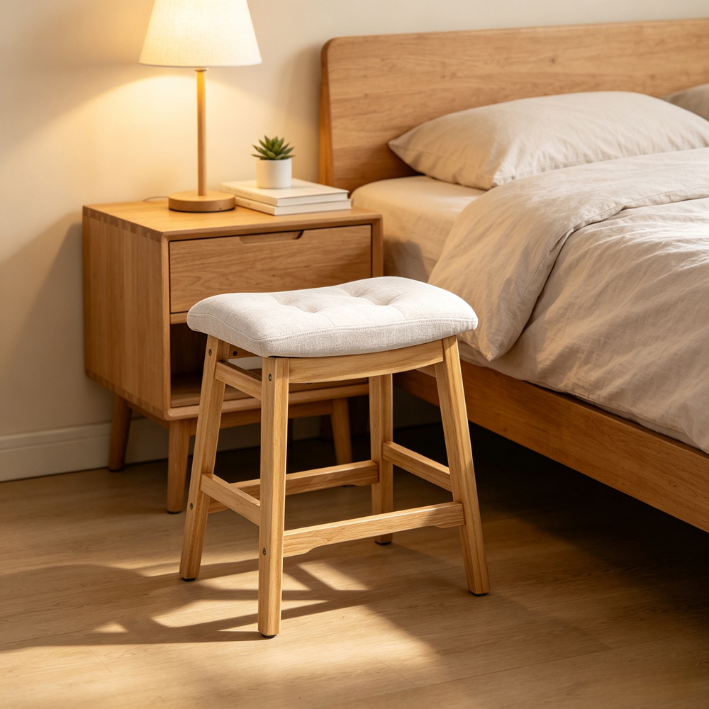 Living and Home Beige Chenille Wooden Base Bar Stool Set of 2 Image 7