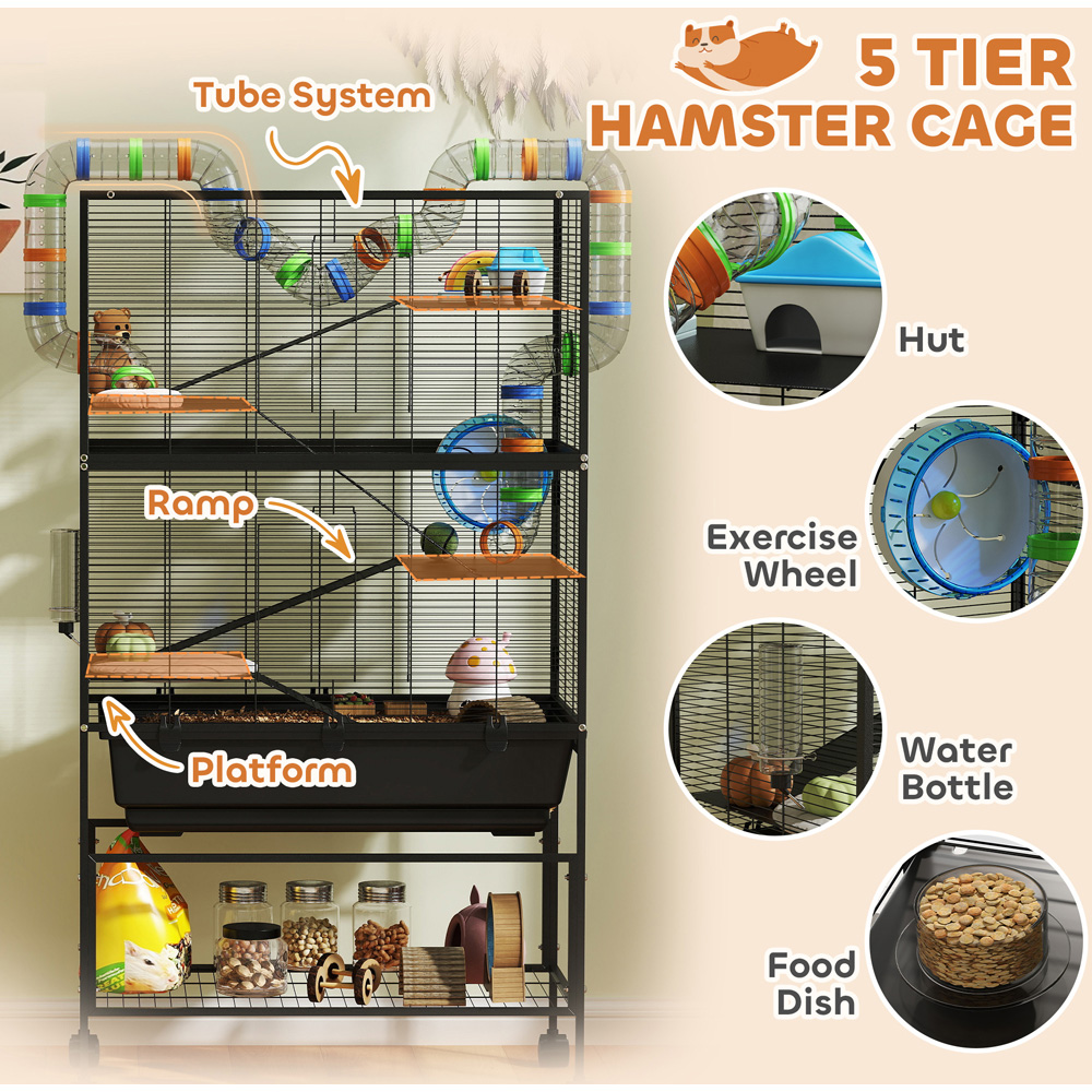 PawHut 5 Tier Hamster and Gerbil Cage with Storage on Wheels Image 5
