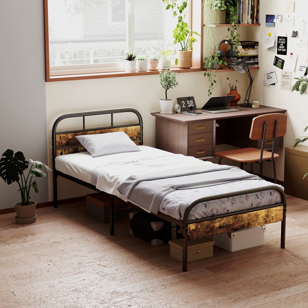Portland Single Rustic Brown Bed Frame with Headboard Image 4