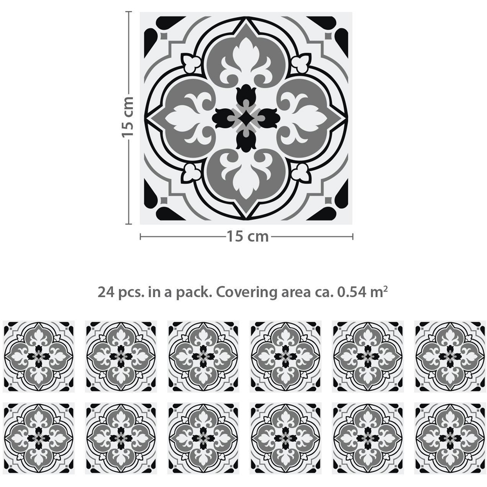Walplus Seamless Antique Floral Black Grey Self Adhesive Tile Sticker 24 Pack Image 6