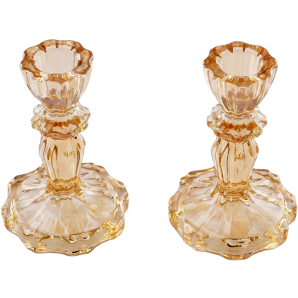Living and Home Amber Glass Wide Base Candlestick Holder Set of 2 Image 5