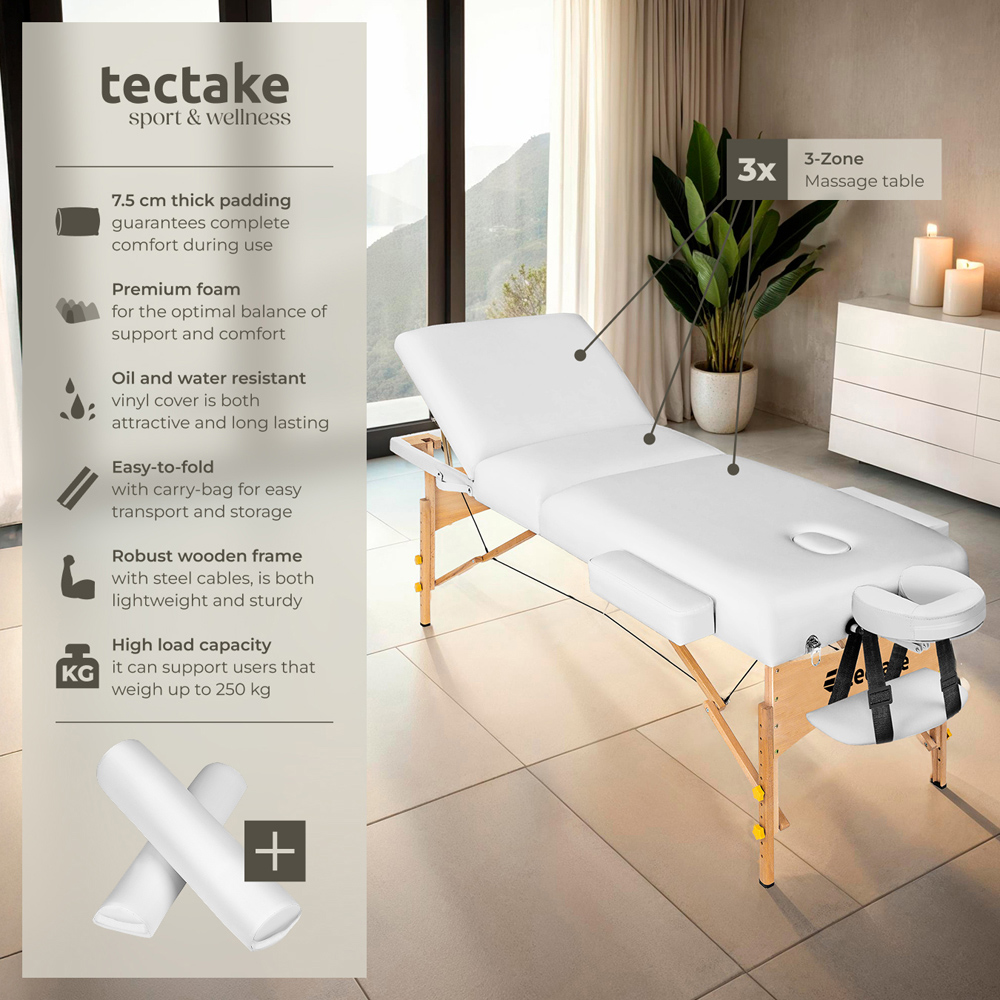 tectake White 3 Zone Somwang Massage Table with Headrest Armrests Footrest and Bolster Set Image 6