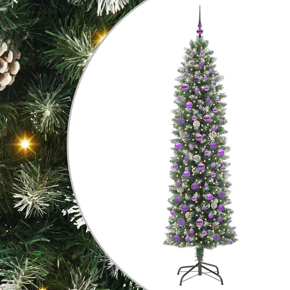 vidaXL Pre-Lit Warm White LED and Lilac Baubles Green Slim Artificial Christmas Tree 7ft Image 7