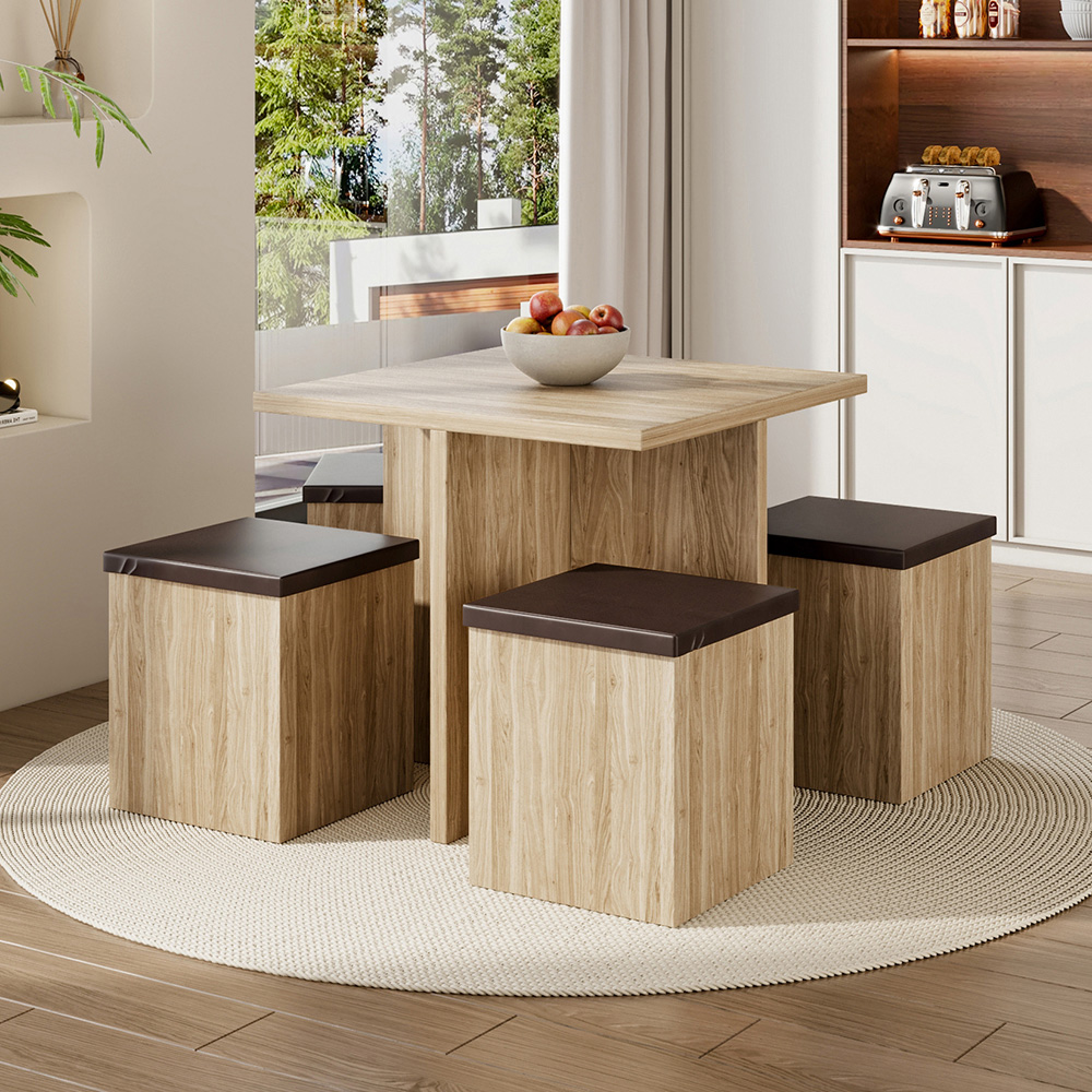Living and Home 4 Seater Natural Wood Table & Storage Stool Set Image 8