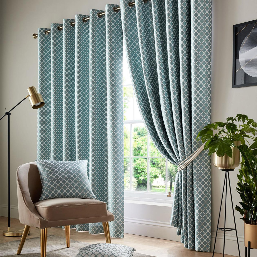 Alan Symonds Wold Teal and White Ring Top Eyelet Curtains 228cm x 228cm Image 1