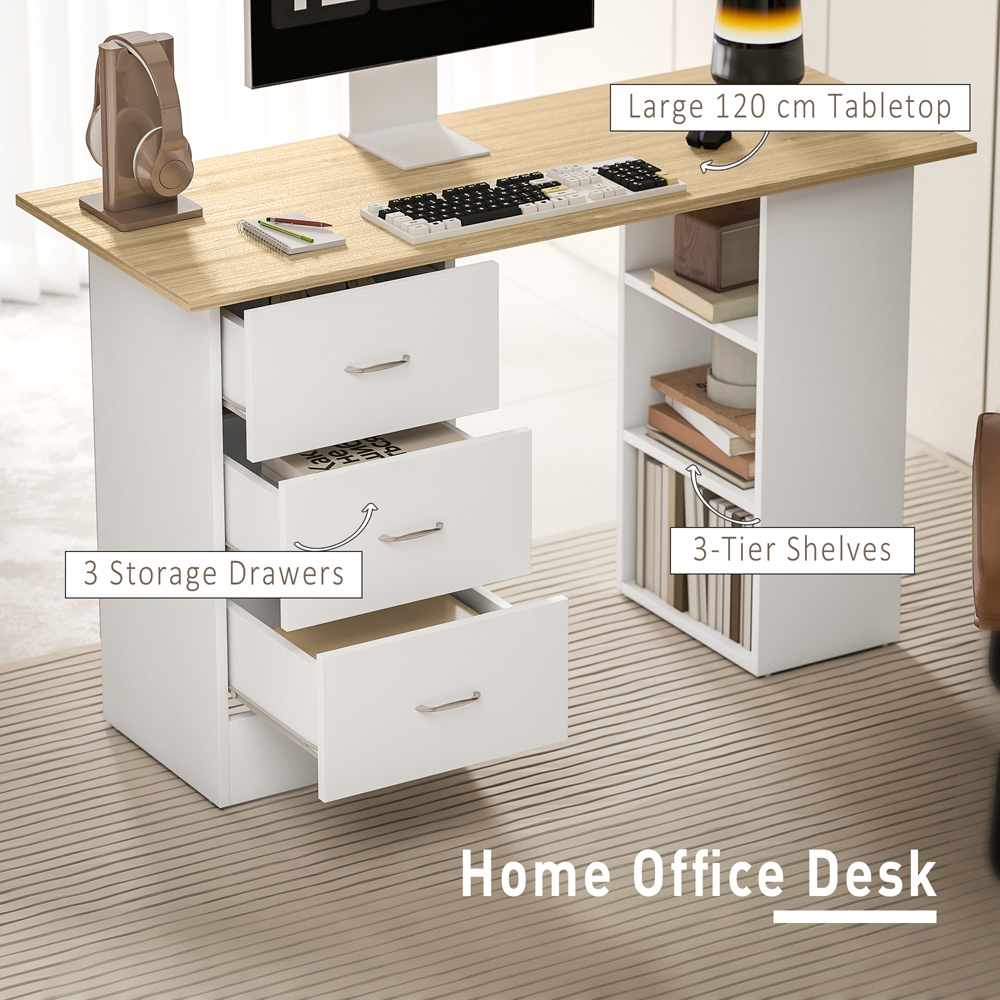 HOMCOM 3 Drawer 3 Shelf Computer Desk Natural Image 4