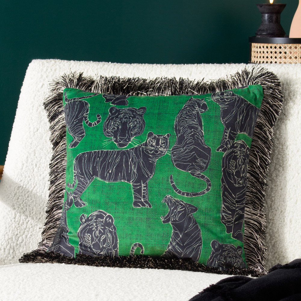 furn. Wildcat Jungle Green Velvet Fringed Cushion Image 2
