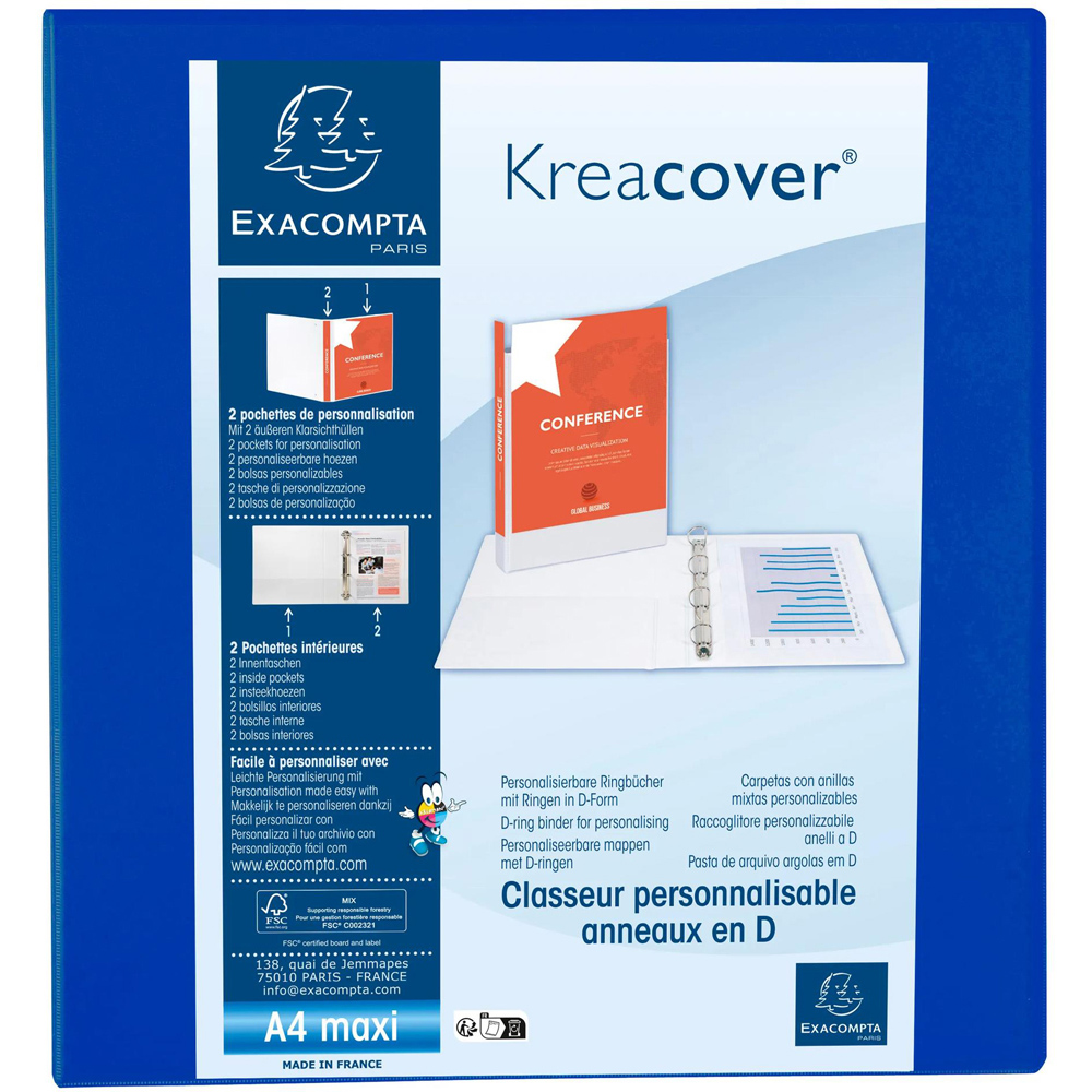 Exacompta Kreacover Blue Polypropylene Personal 4D Ring Binder with 3 Pockets 60mm 10 Pack Image 2