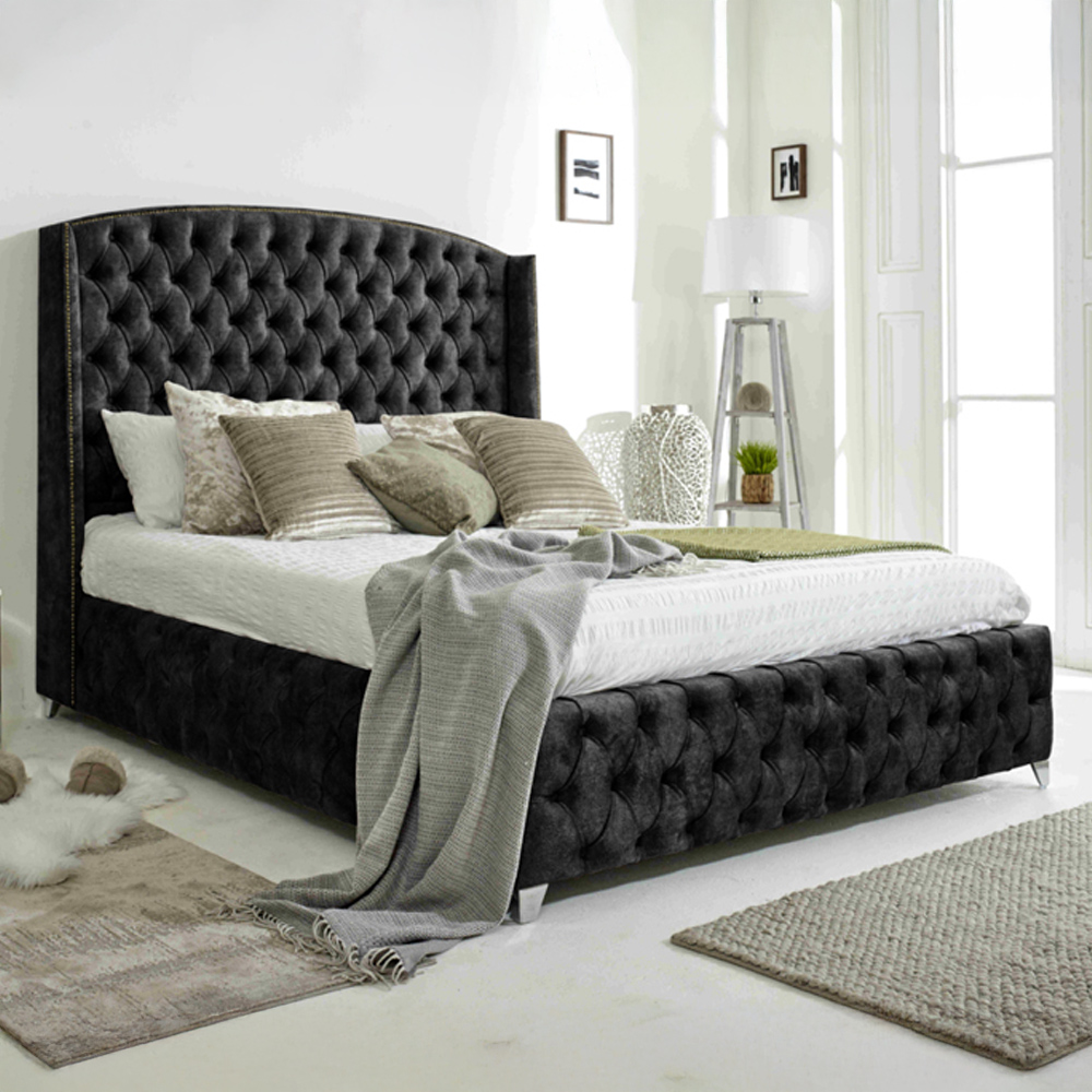 Eleganza Home Winfield King Size Granite Oakland Fabric Bed Frame with Chesterfield Headboard Image 1