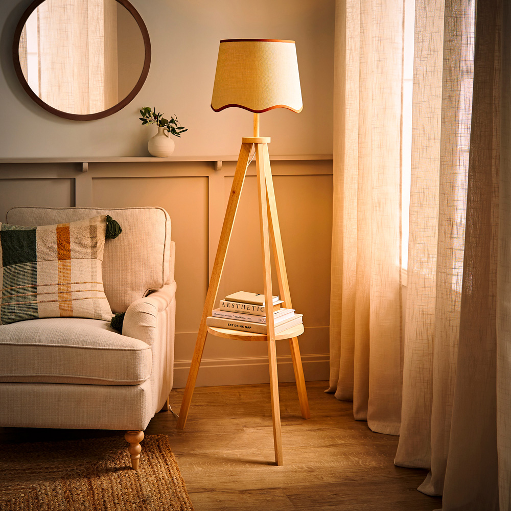 ValueLights Morrigan Natural Wood Shelf Rust Trim Scallop Shade Tripod Floor Lamp with Bulb Image 6