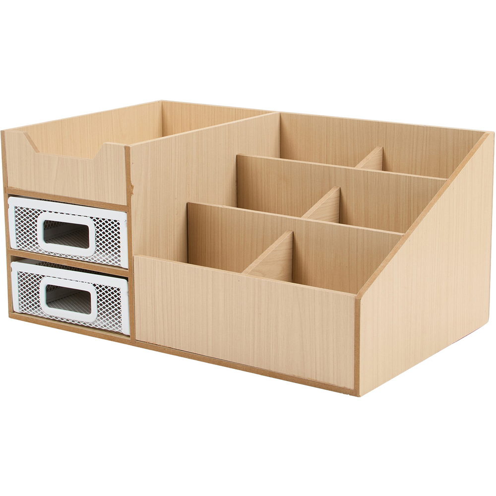 Wood Effect and White Mesh Desk Organiser Image 1