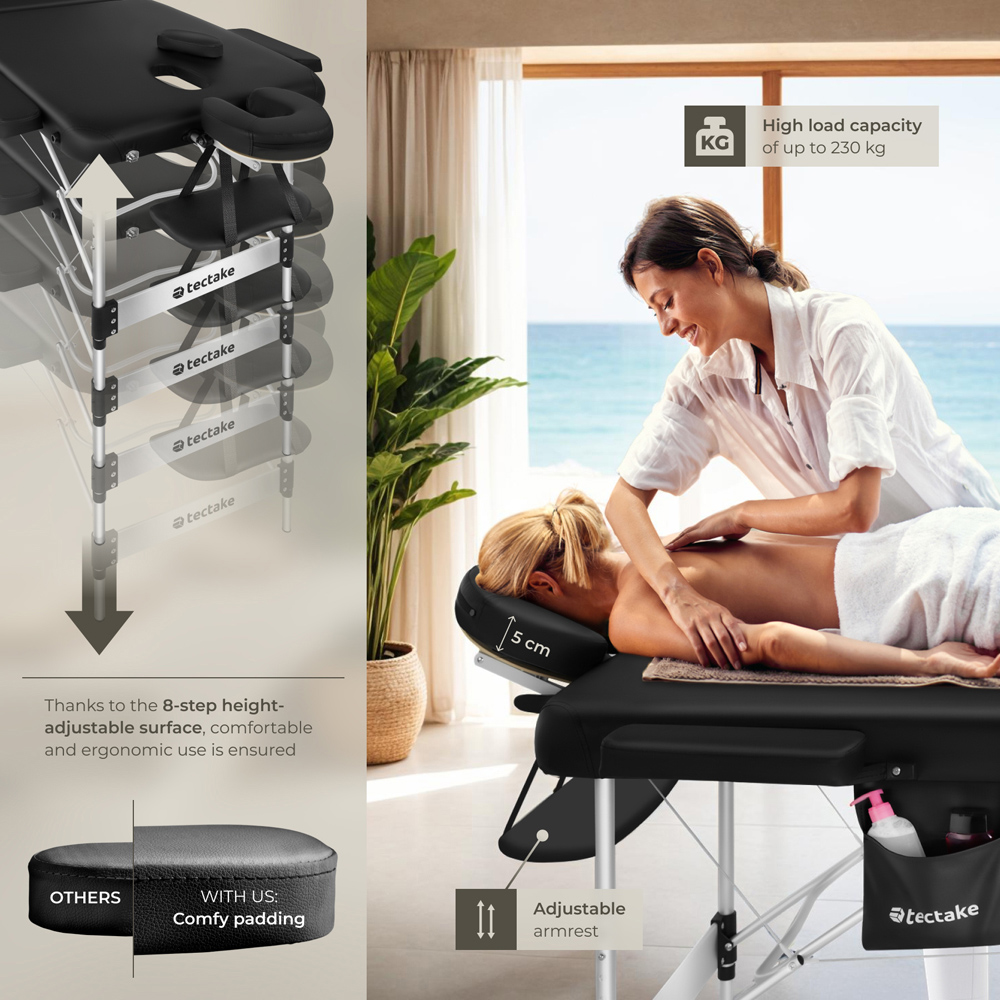 Massage Table Ko Tao - 3 zones, 78cm wide, aluminium frame, folding, carry bag - Black Image 8