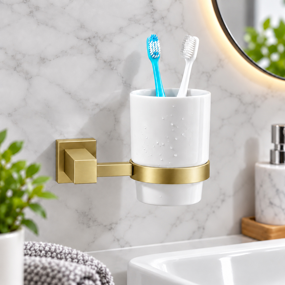 Go Bathrooms Froma Brushed Gold Wall Mounted Ceramic Tumbler with Holder Image 4