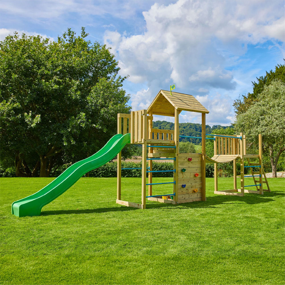 TP Skywood Kids Wooden Climbing Frame with Sky Deck Bridge Mini Tower and Wavy Slide Image 2