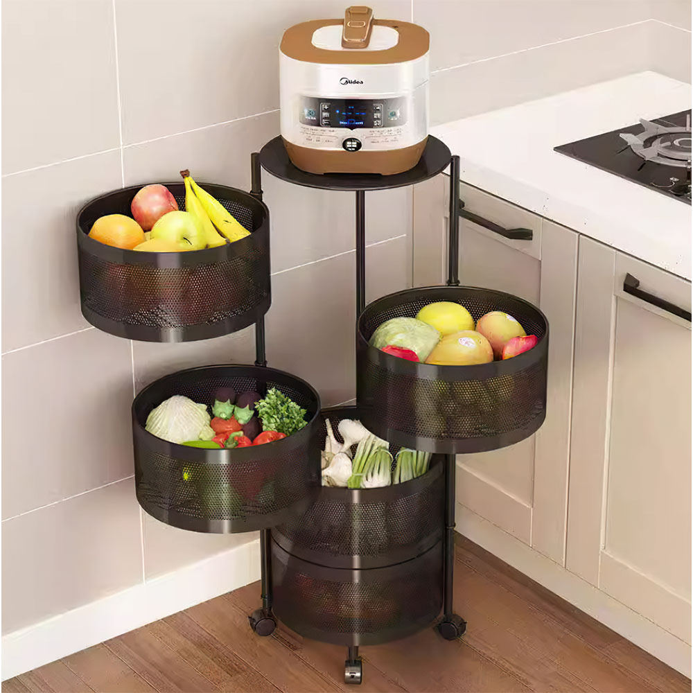 Living and Home 5-Tier Black Kitchen Storage Trolley with Rotating Basket Image 2
