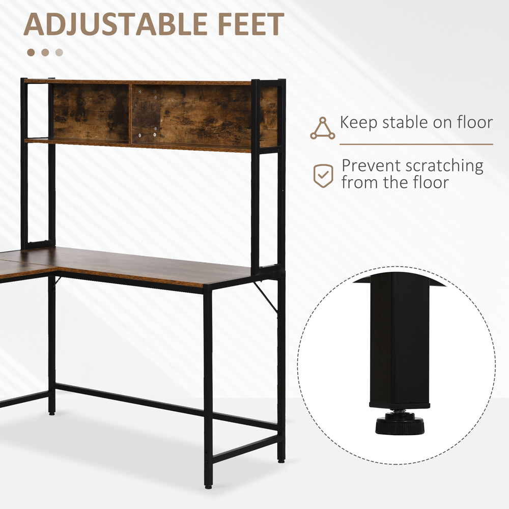 Portland 2 Shelf Industrial L-Shaped Corner Work Desk with Adjustable Feet Brown and Black Image 6