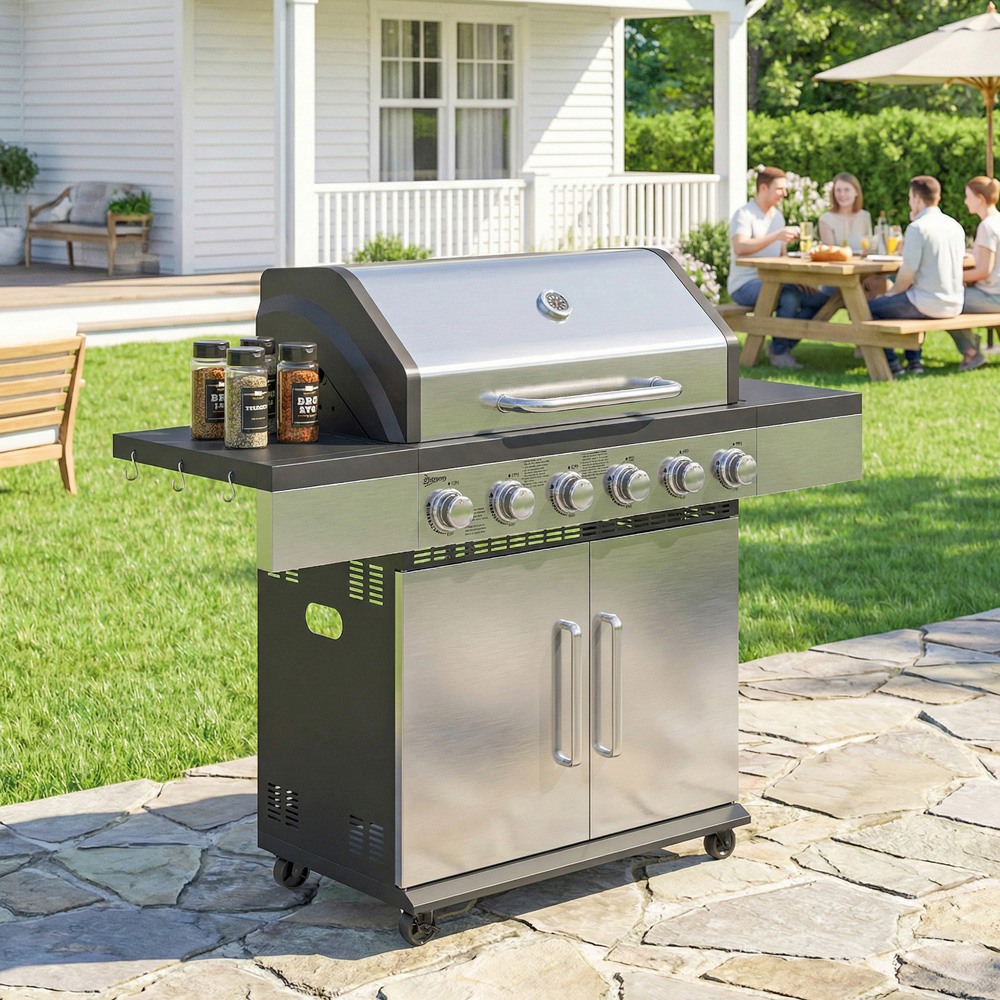 Outsunny Silver 6 Burner Portable Liquid Propane Gas BBQ Grill Image 5