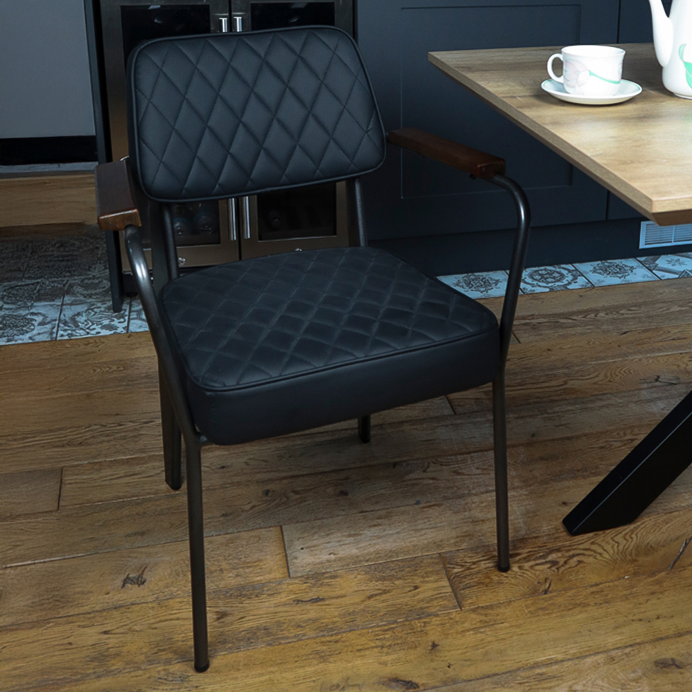 MMT Furniture Designs Set of 2 Black Vintage Diamond Stitch Dining Chair with Wooden Armrests Image 1