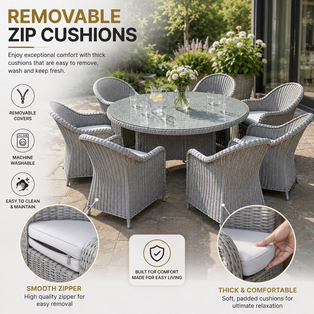 Shatchi Sorrento 6 Seater Rattan Aluminium Round Garden Dining Set Light Grey Image 7