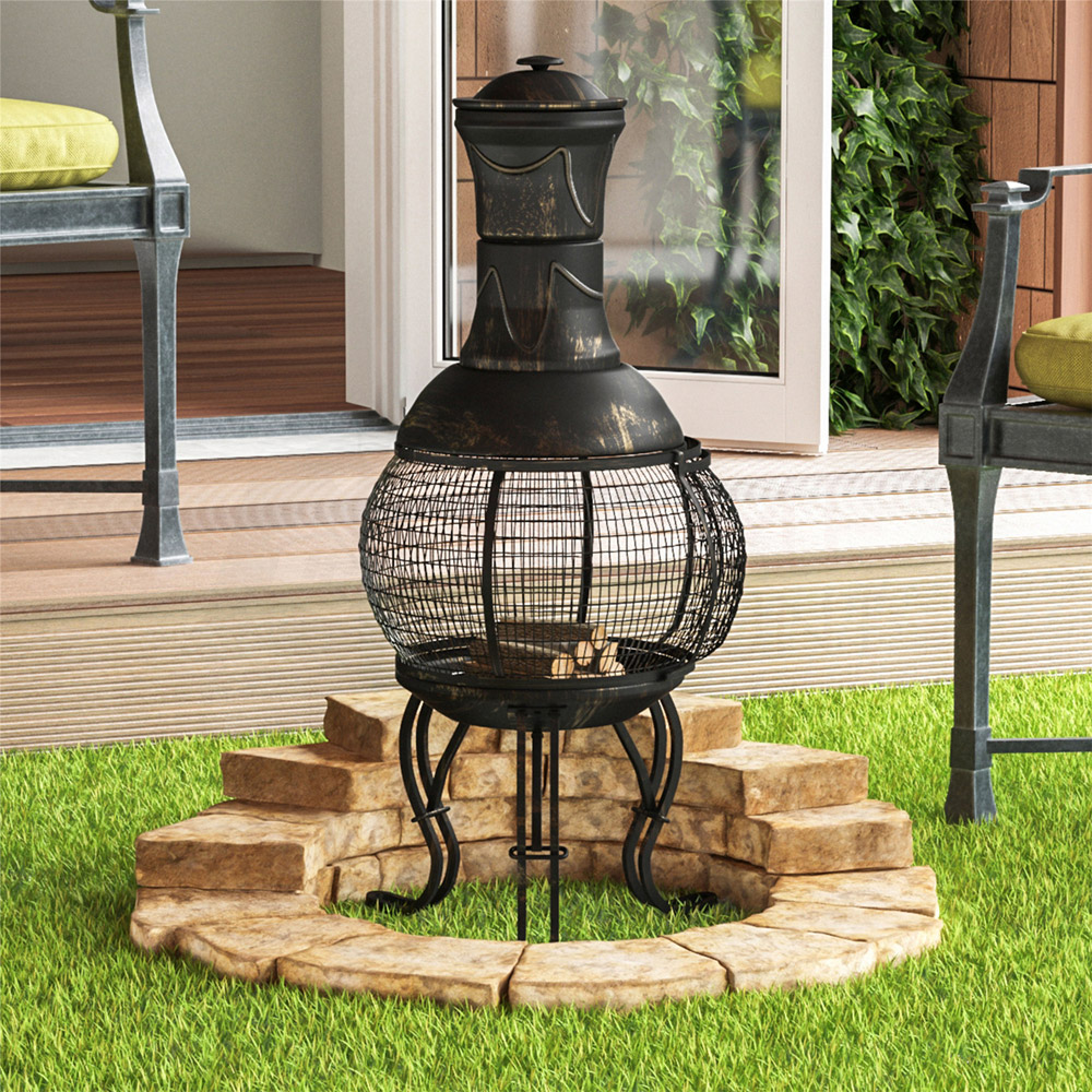 GARDEN VIDA Black and Gold Steel Chiminea Image 6