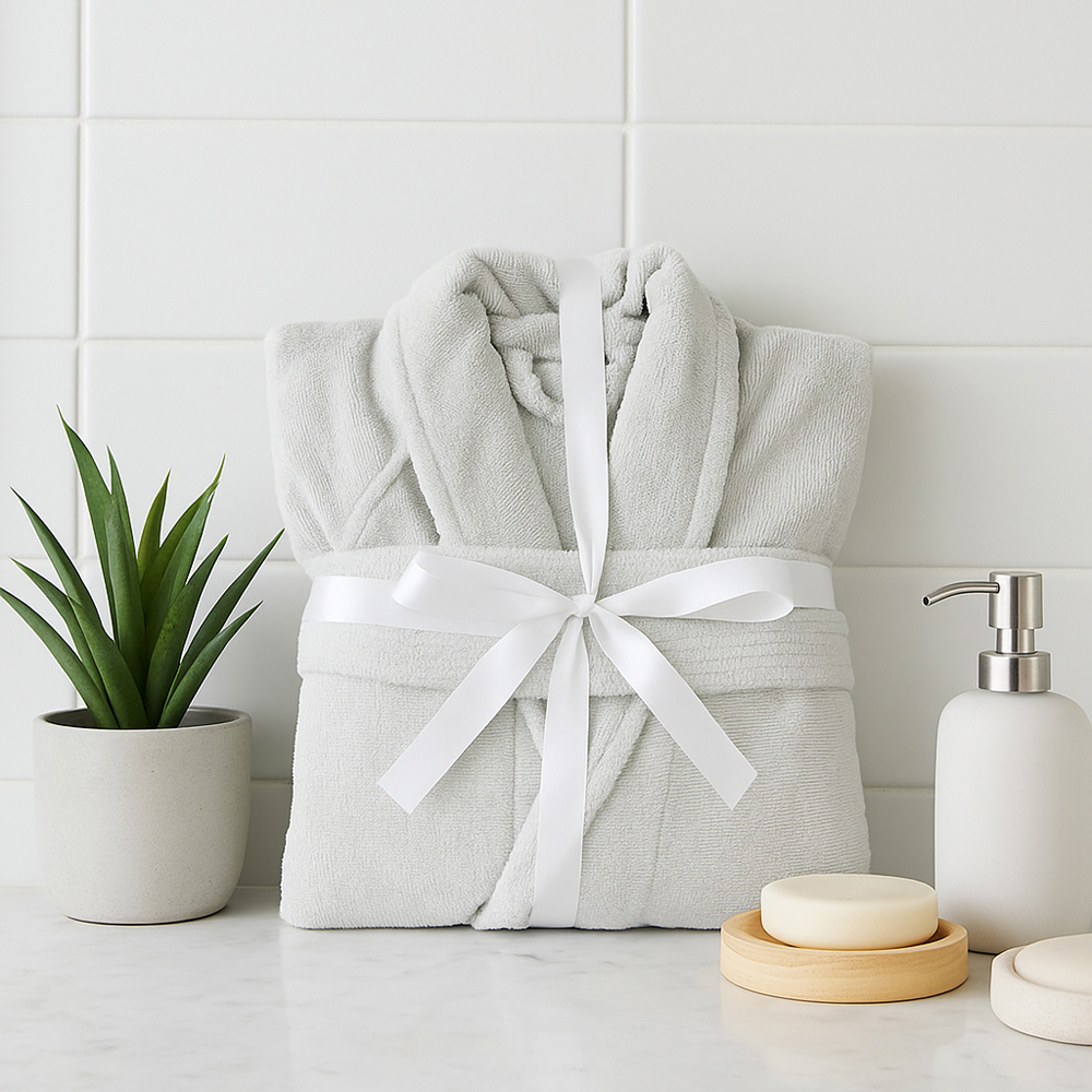 Cloud Touch Luxury Small to Medium Silver Dual Textured Reversible Velvet Towelling Bathrobe Image 2