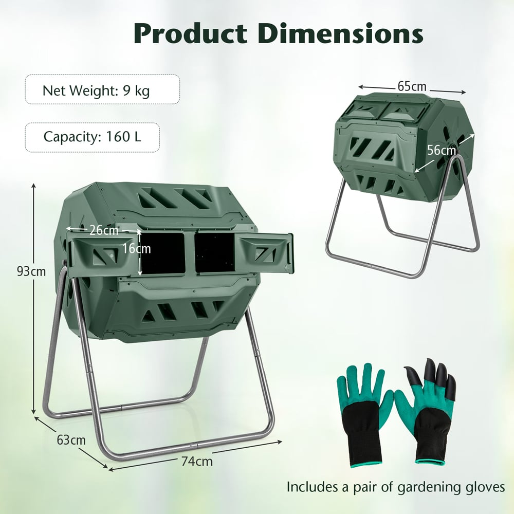 Costway Green Dual Chamber Tumbler Compost Bin 160L Image 9