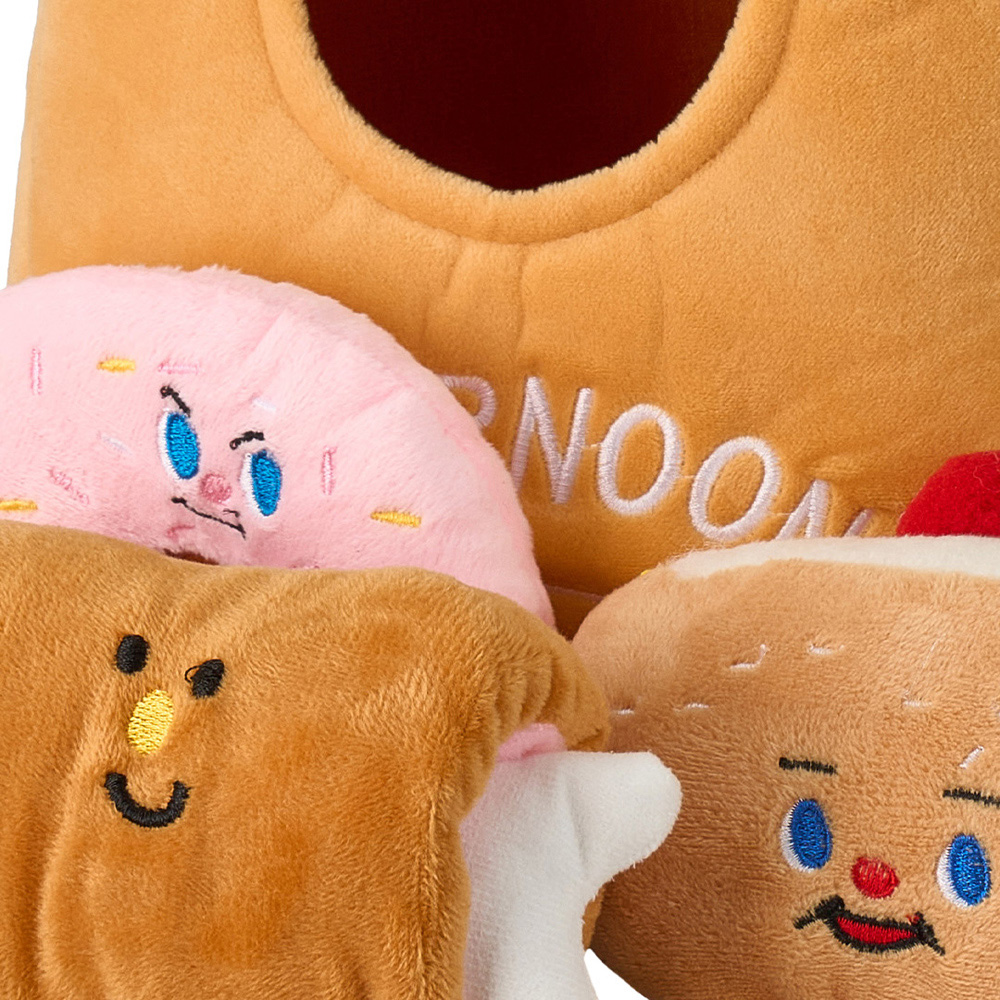 H&O Direct 4 Piece Squeaky Doughnut Pastry and Grilled Meat Soft Plush Interactive Dog Toy Set Image 4