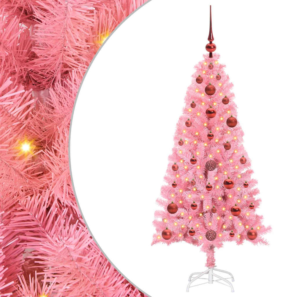 vidaXL Pre-Lit Red Bauble Pink Artificial Christmas Tree 5ft Image 6