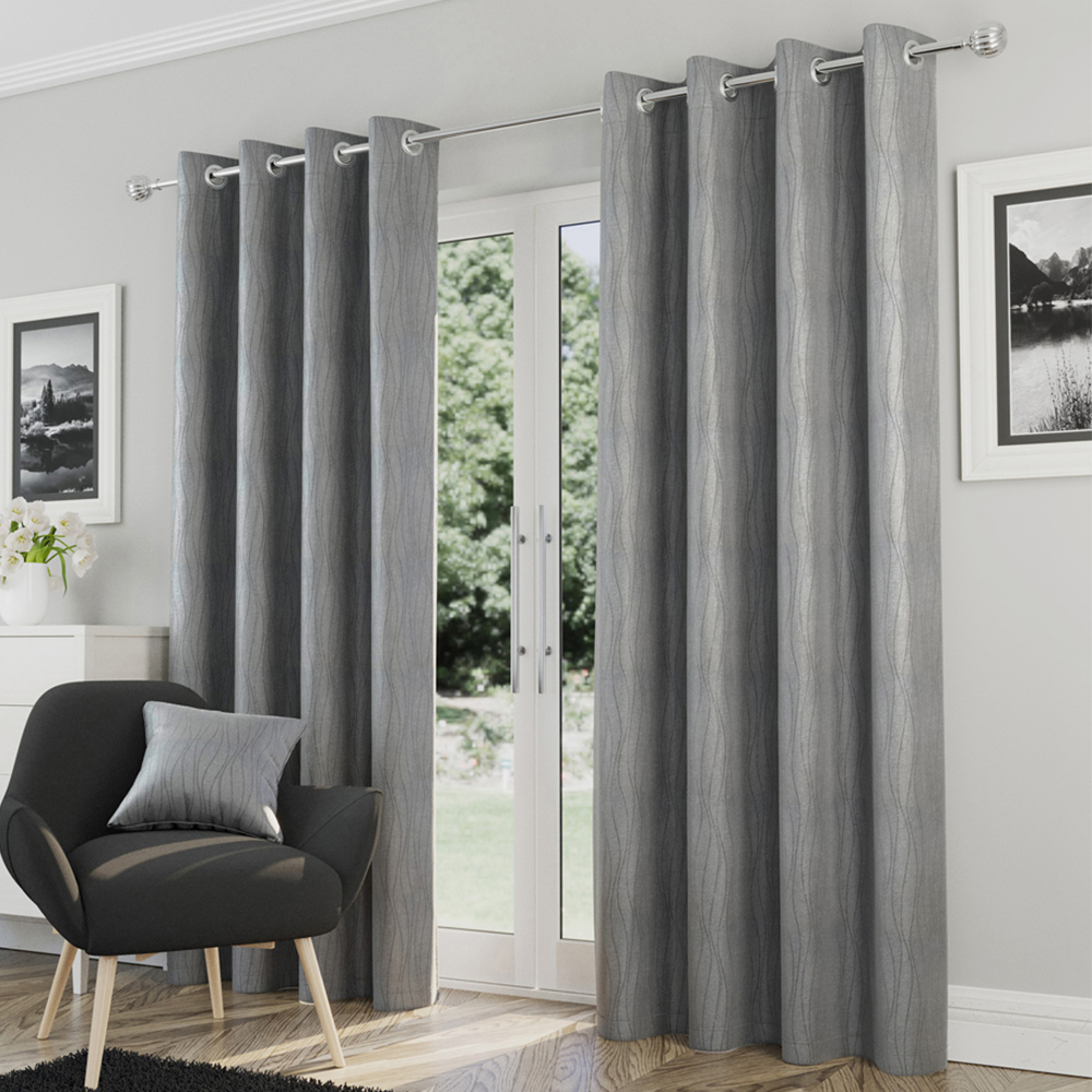Enhanced Living Goodwood Silver Embossed Wave Thermal Eyelet Curtain 168 x 137cm Image 1