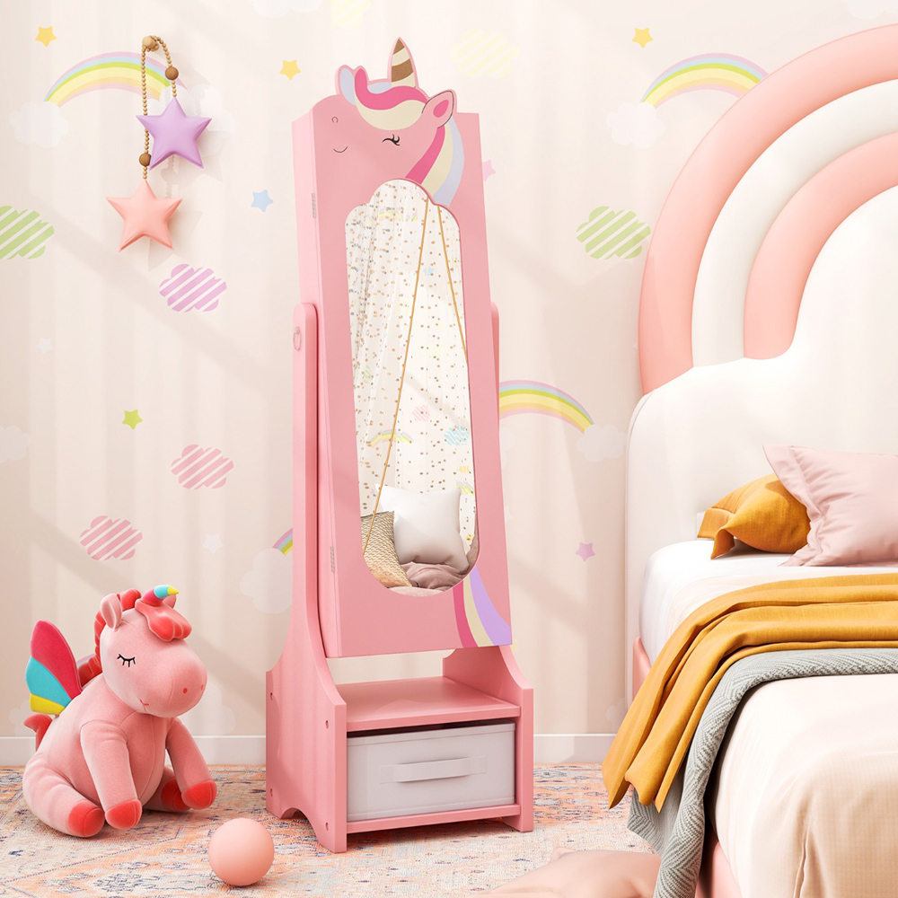 Costway Pink Kids Jewellery Armoire Cabinet Full Length Mirror with Tilt Angles Image 3