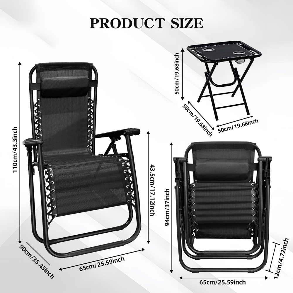 Alivio Set of 2 Black Heavy Duty Teslin Zero Gravity Reclining Chair with Coffee Table Image 8