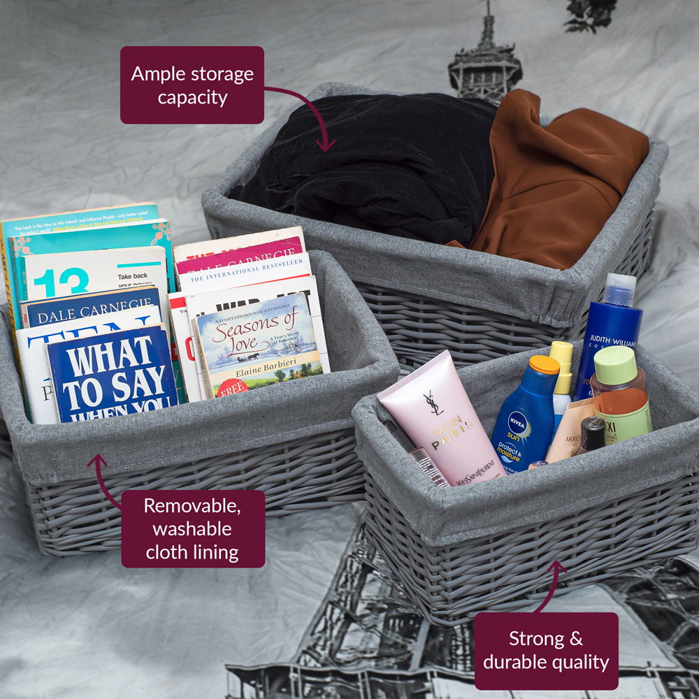Innoteck Essentials Grey Wicker Storage Basket with Cloth Lining 3 Pack Image 6