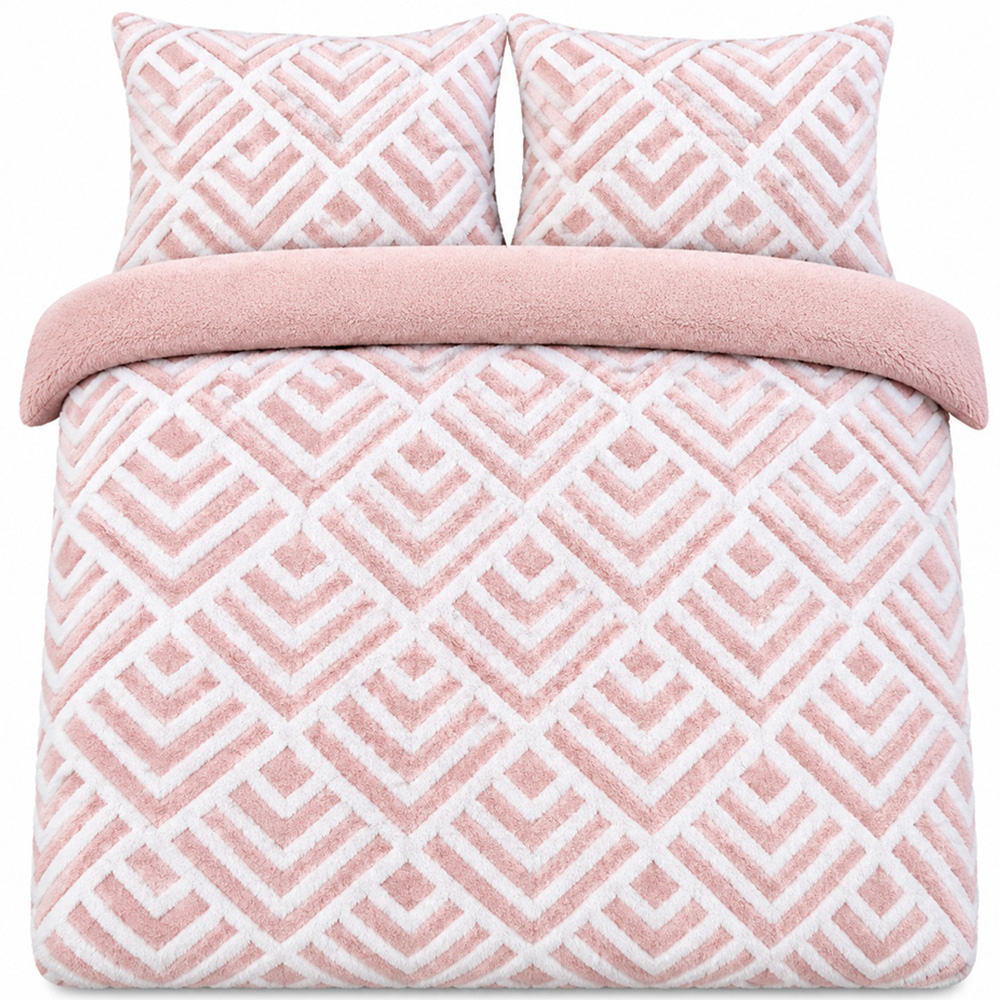 Smart Living Super King Size Blush Pink Geo Jacquard Fleece Duvet Set Image 2