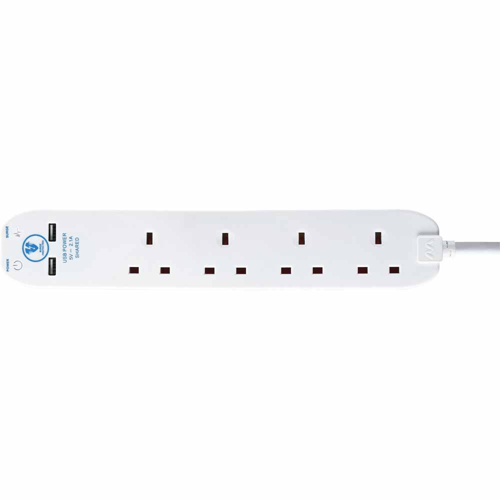 Masterplug 13amp 2m 4 Gang White Surge Protected Extension Lead and 2x USB Image 2