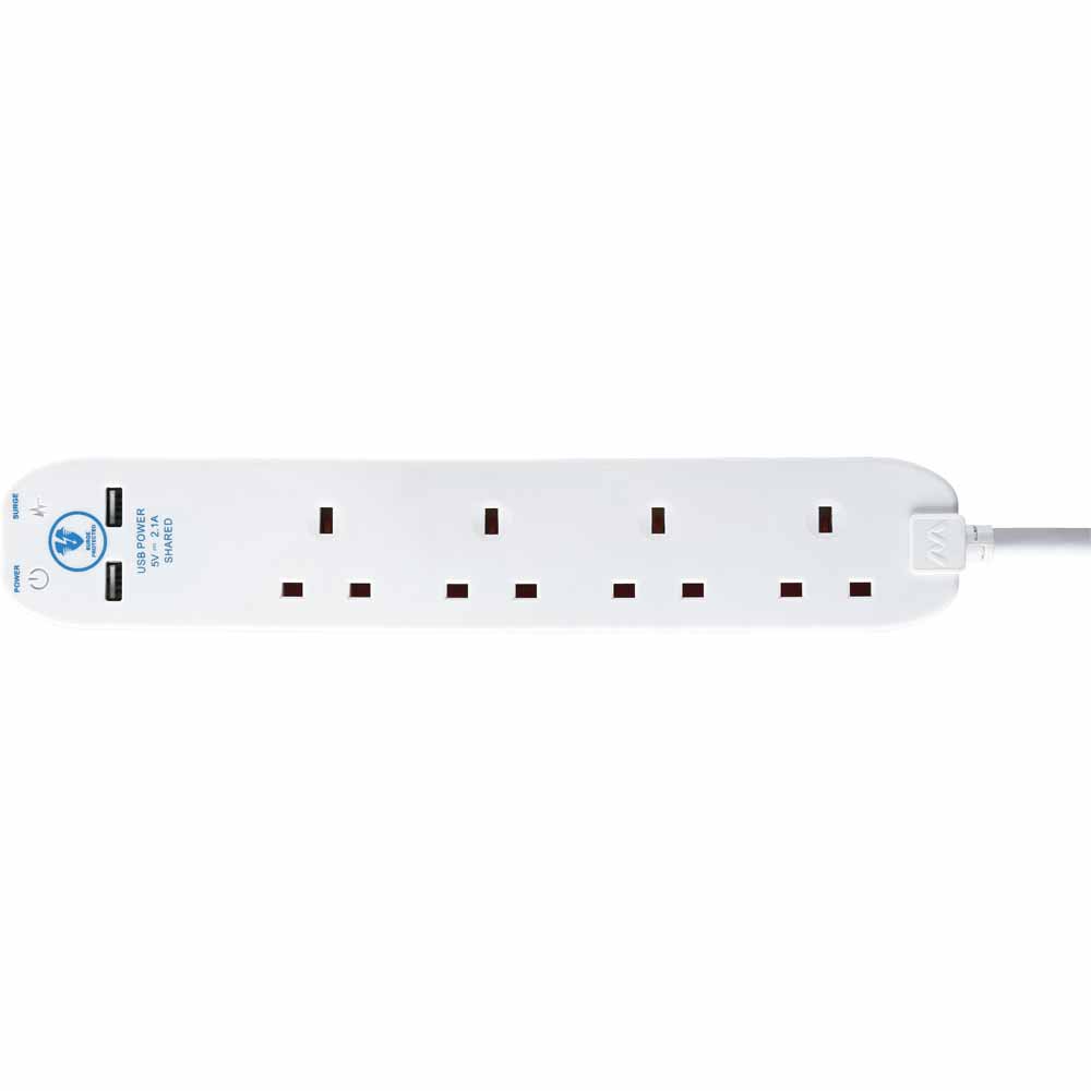 Masterplug 4 Gang 2m 13A White Surge Protected Extension Lead and 2x