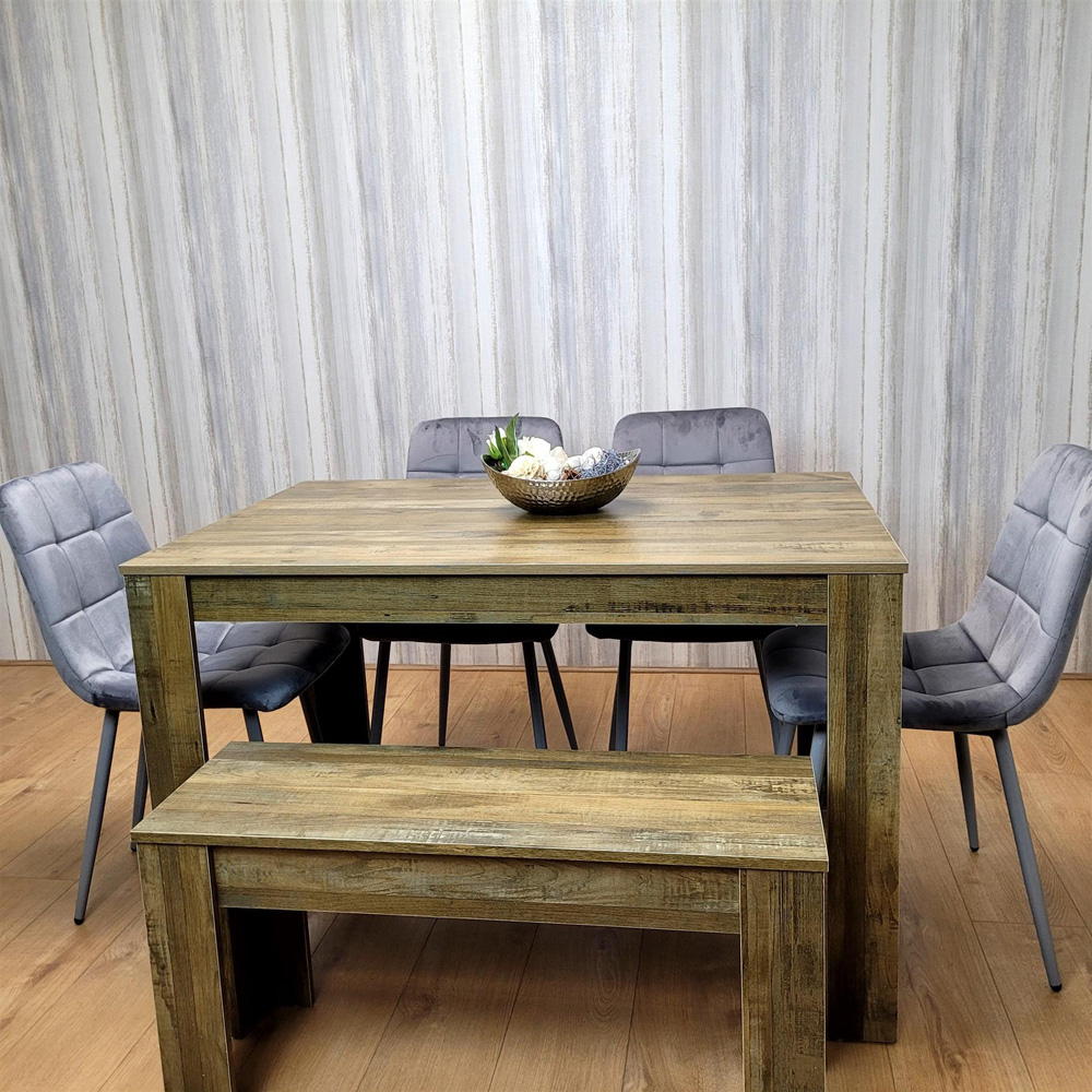 Portland 6 Seater Dining Set Rustic Effect and Grey Velvet with Bench Image 1
