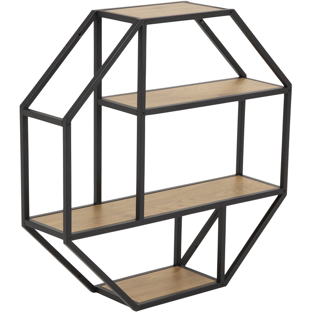 Florence Seaford 3 Shelf Oak and Black Octagonal Metal Wall Shelf Image 1