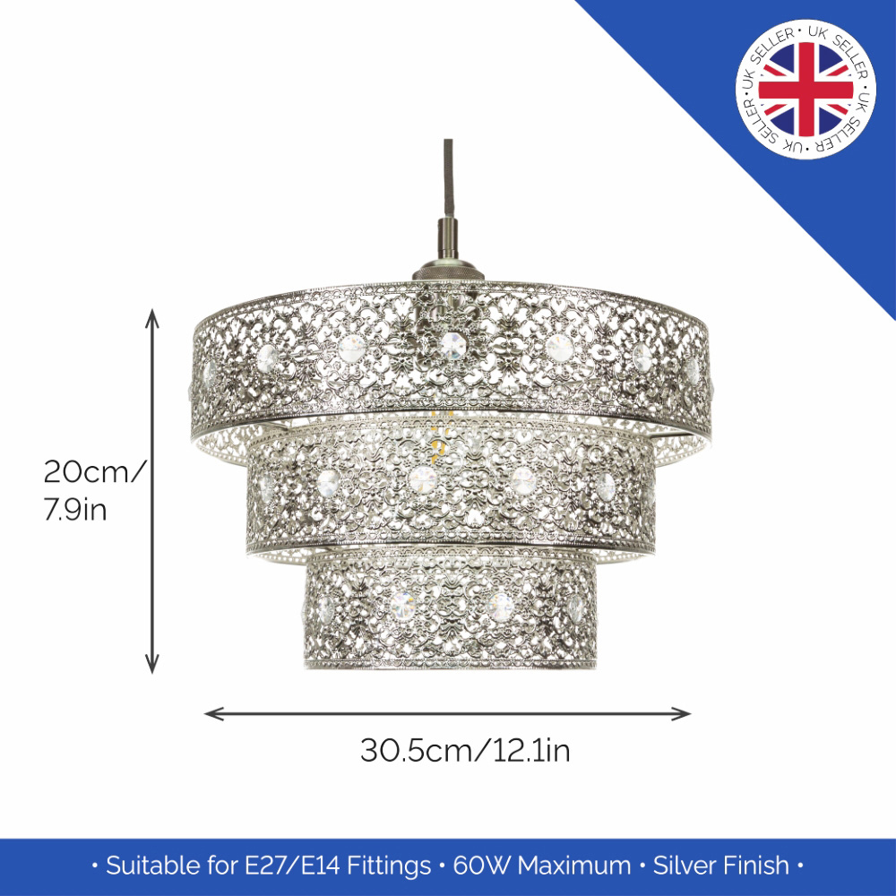 Happy Homewares Moroccan Style 3 Tier Polished Silver Acrylic Gem Pendant Shade Image 6